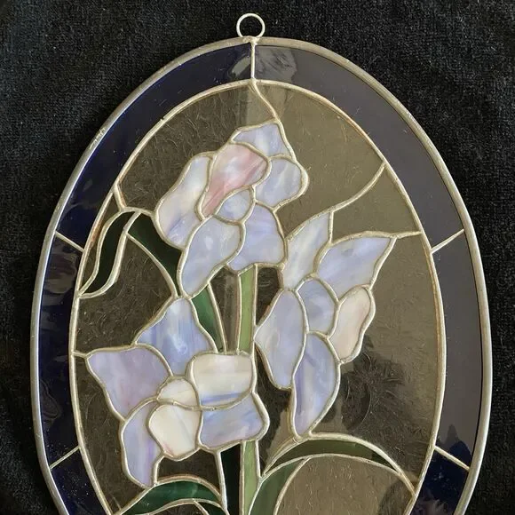 Vintage Handcrafted Large Stained Glass Suncatcher With Iris Flowers. No Cracks! - Picture 5 of 8